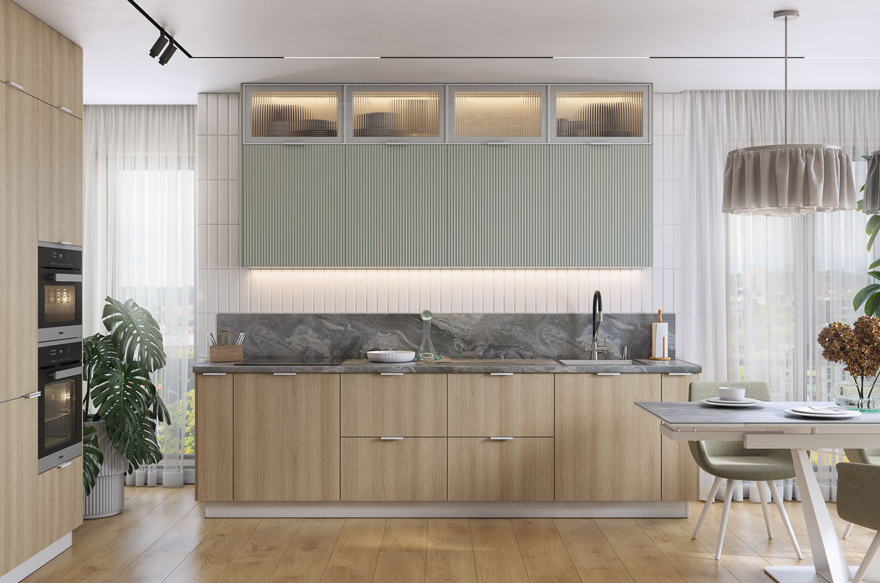 Кухонный гарнитур 13 (ширина 284х60х252,8 см) (белый/шалфей/кешью матовый/белый муар/бесцветное мору)