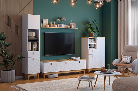 Гостиная "Хюгге К5" (3050х420х1953 мм) (белое дерево/дуб крафт золотой/белый матовый)