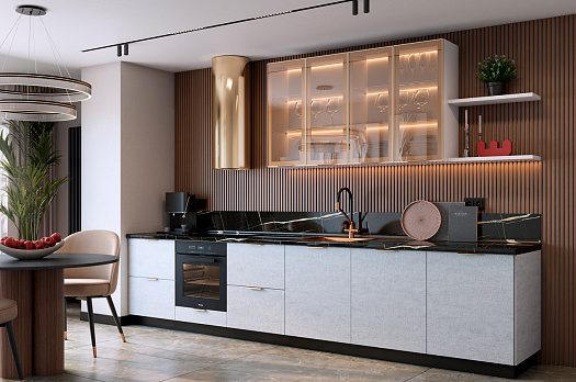 Кухонный гарнитур 7 (ширина 362х60х234,8 см) (белый/белая скала/золото матовое/зеркальная бронза)