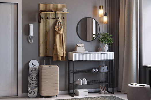 Прихожая "Мебельсон К16" (1552х335х1750) (дуб крафт золотой/белое дерево/черный муар/черный)