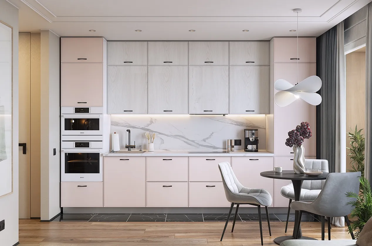 Кухонный гарнитур 7 "Монако" (ширина 360 см) (белый/айвори матовый/дуб белый матовый)